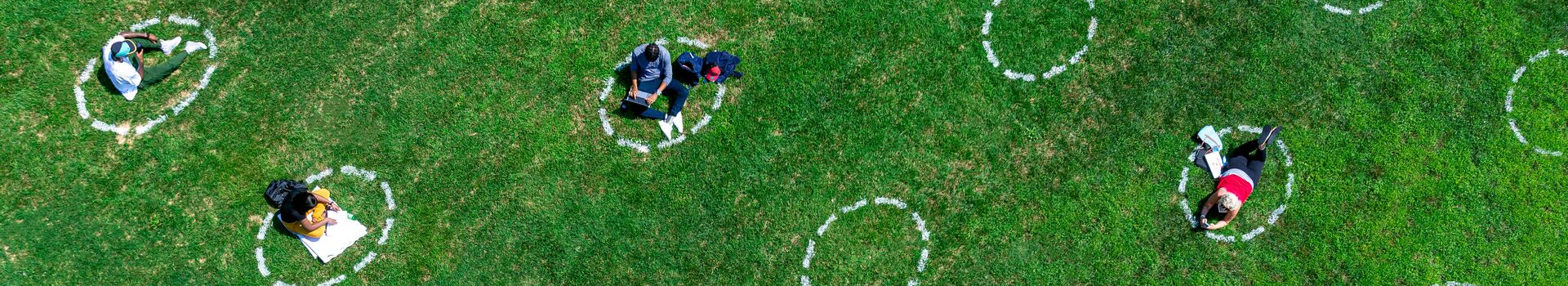 students study on lawn in shell outlines